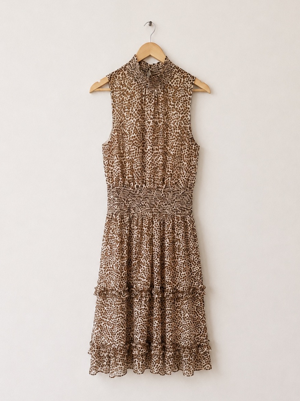 1 State Leopard Smocked Mock Neck Sleeveless Midi Dress Medium